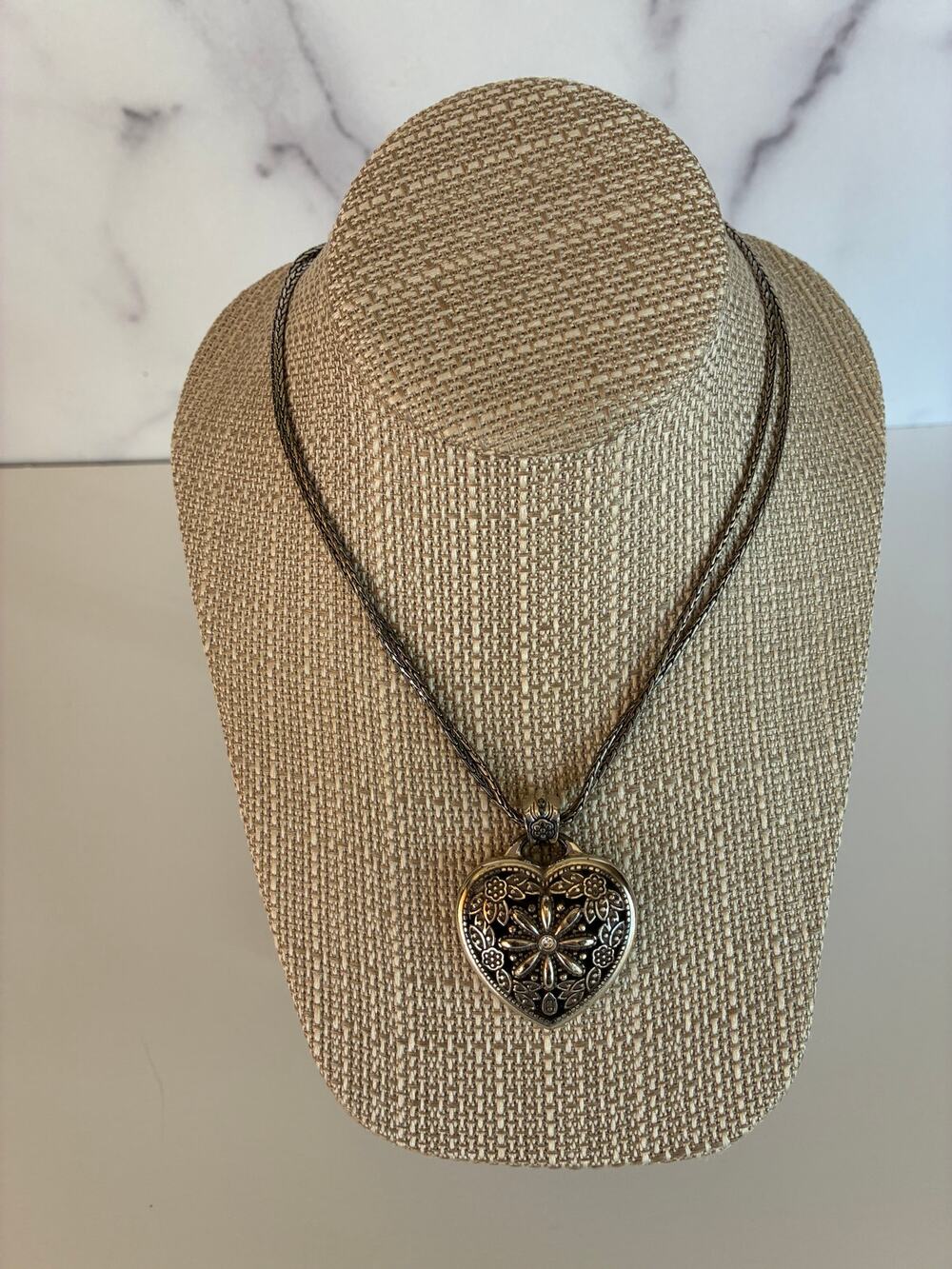 Brighton Floral Heart Locket Necklace Engraved Floral Design with Crystal Accent